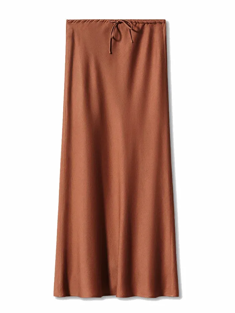 A-Line Long Satin Skirts For Women Elegant High Waist Maxi Skirts Silk Lace Up Maxi Skirt