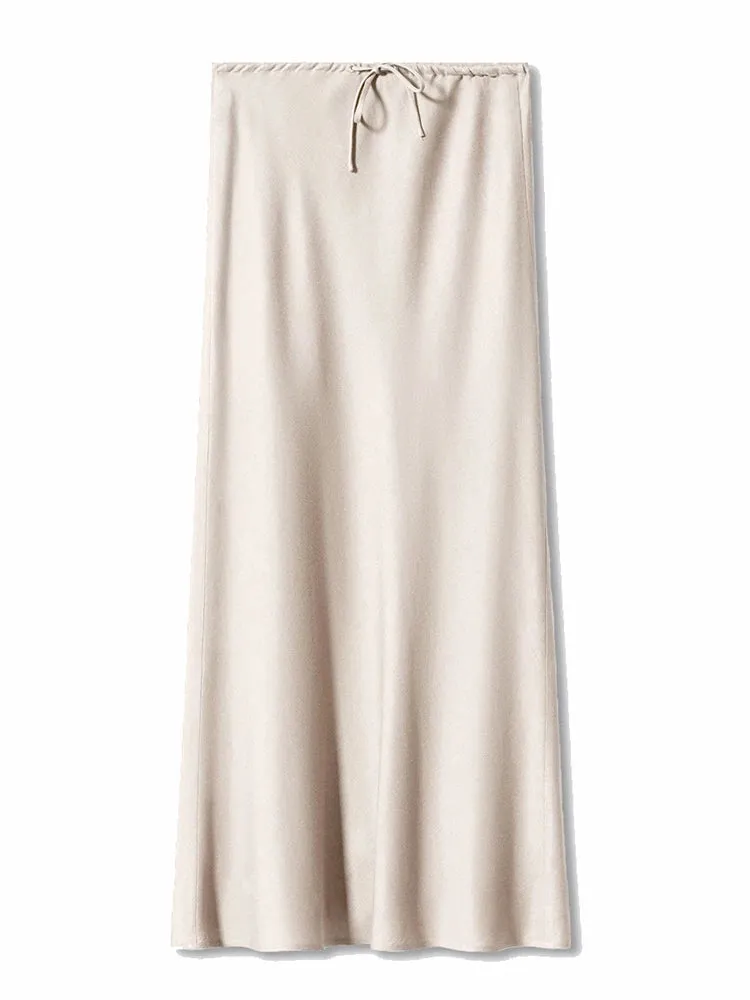A-Line Long Satin Skirts For Women Elegant High Waist Maxi Skirts Silk Lace Up Maxi Skirt