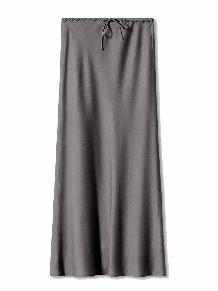 A-Line Long Satin Skirts For Women Elegant High Waist Maxi Skirts Silk Lace Up Maxi Skirt