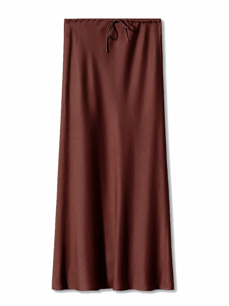 A-Line Long Satin Skirts For Women Elegant High Waist Maxi Skirts Silk Lace Up Maxi Skirt