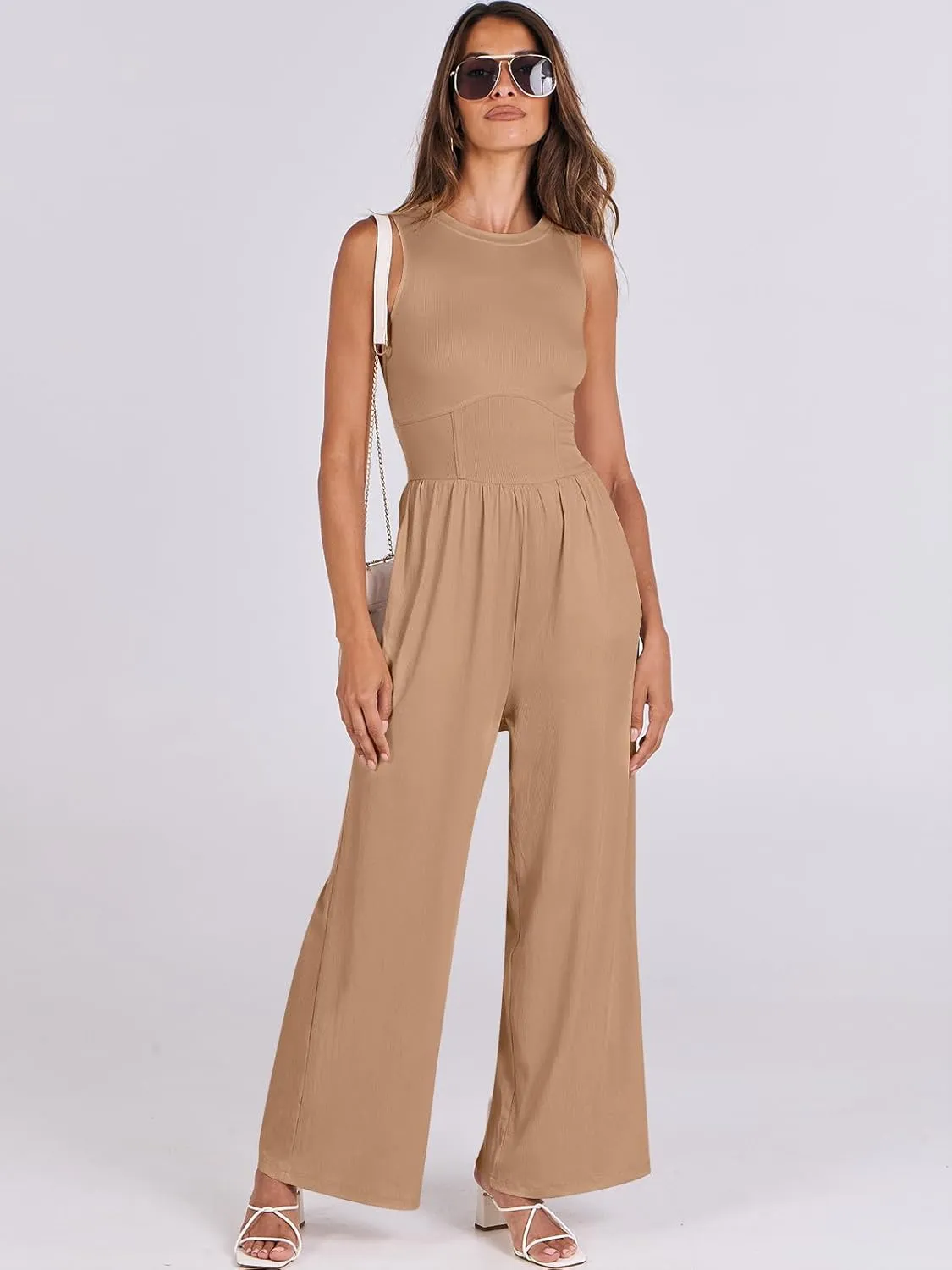 ANRABESS Womens Jumpsuits Dressy Summer Casual One Piece Outfits High Neck Tank Top Wide Leg Pants Rompers Jumper Pockets