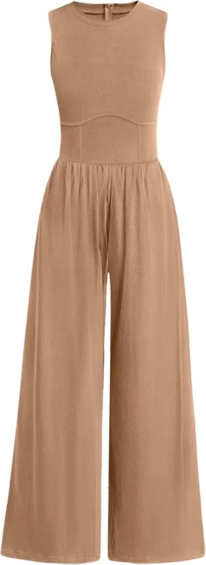 ANRABESS Womens Jumpsuits Dressy Summer Casual One Piece Outfits High Neck Tank Top Wide Leg Pants Rompers Jumper Pockets