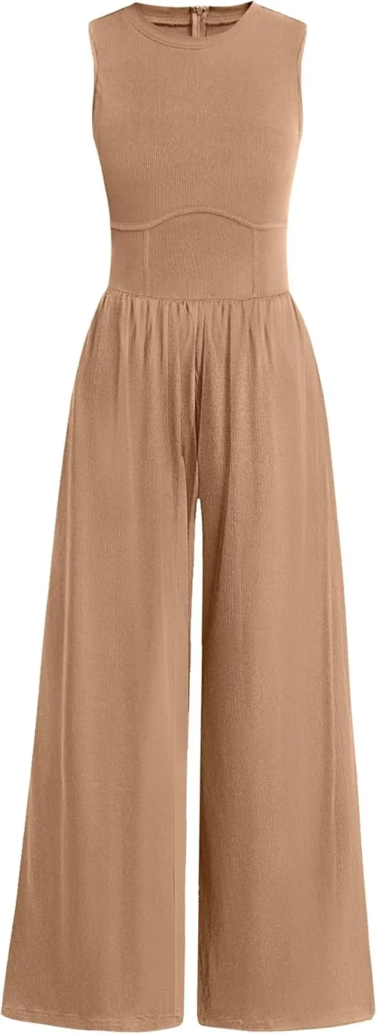 ANRABESS Womens Jumpsuits Dressy Summer Casual One Piece Outfits High Neck Tank Top Wide Leg Pants Rompers Jumper Pockets