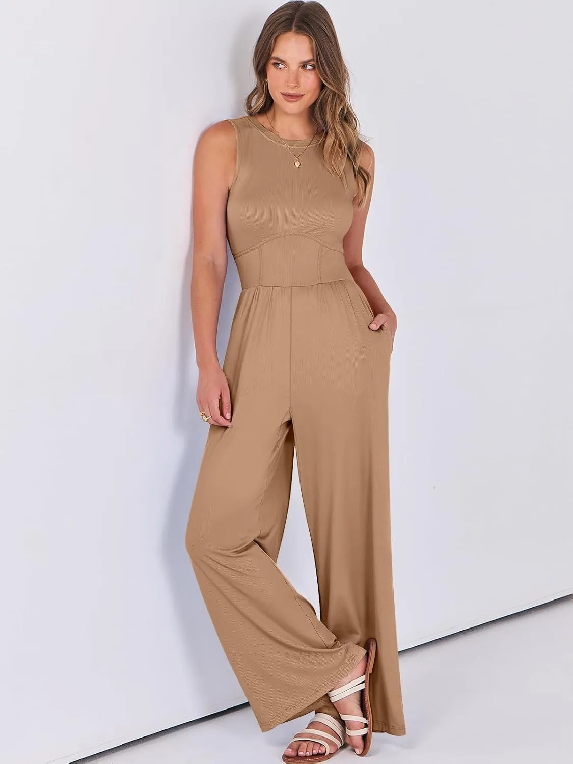 ANRABESS Womens Jumpsuits Dressy Summer Casual One Piece Outfits High Neck Tank Top Wide Leg Pants Rompers Jumper Pockets