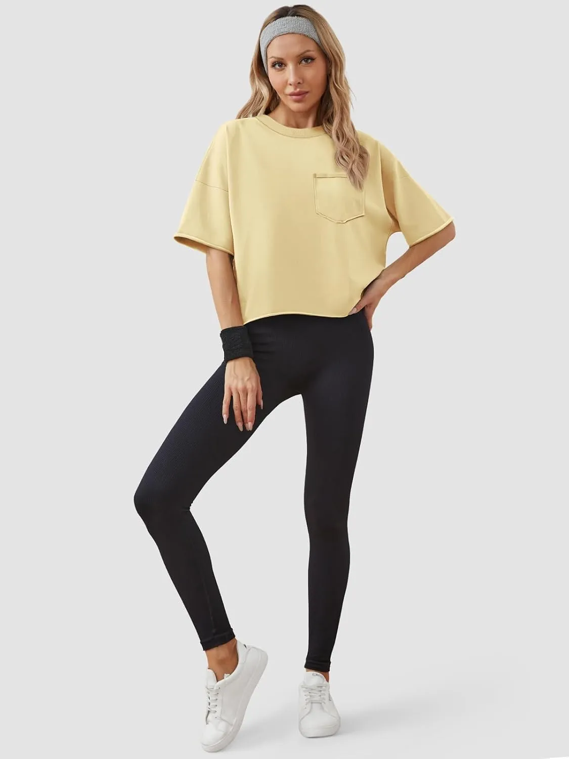 ATHMILE Womens Oversized T-Shirts Short Sleeve Workout Crop Tops Casual Drop Shoulder Boxy Roll Hem Basic Loose Tees