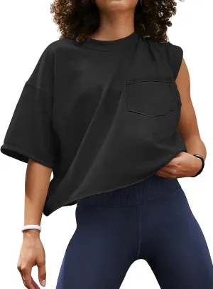 ATHMILE Womens Oversized T-Shirts Short Sleeve Workout Crop Tops Casual Drop Shoulder Boxy Roll Hem Basic Loose Tees