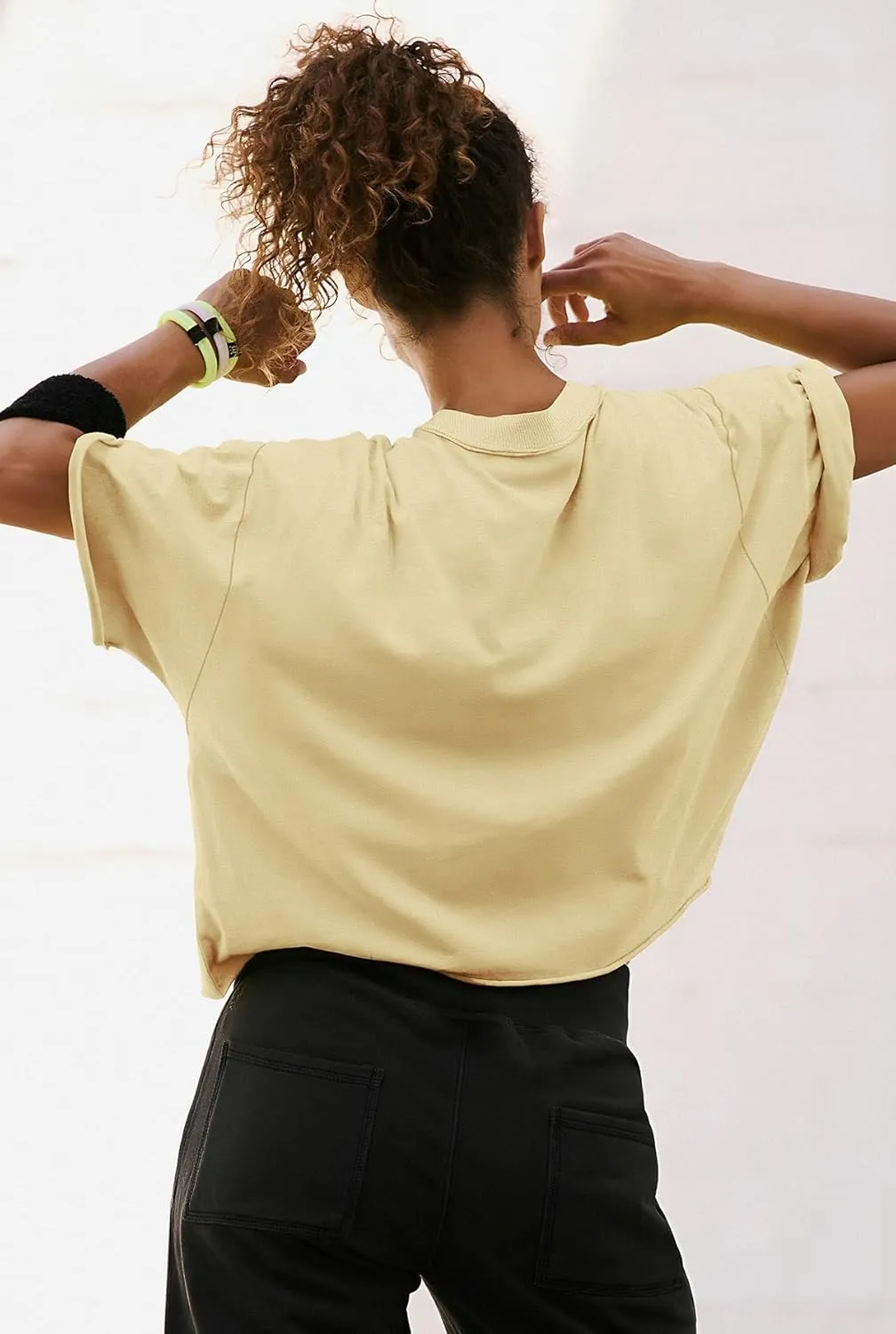 ATHMILE Womens Oversized T-Shirts Short Sleeve Workout Crop Tops Casual Drop Shoulder Boxy Roll Hem Basic Loose Tees