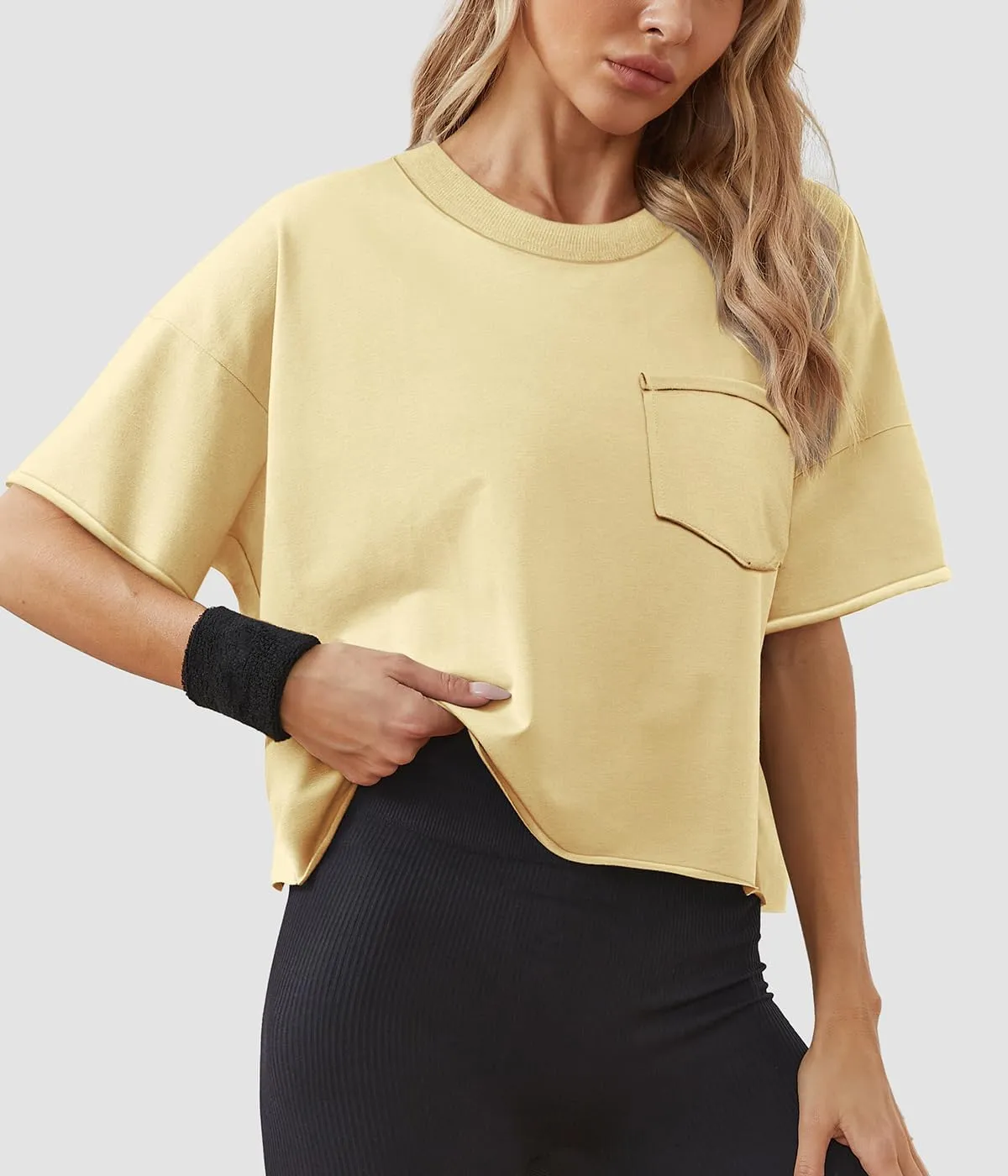 ATHMILE Womens Oversized T-Shirts Short Sleeve Workout Crop Tops Casual Drop Shoulder Boxy Roll Hem Basic Loose Tees