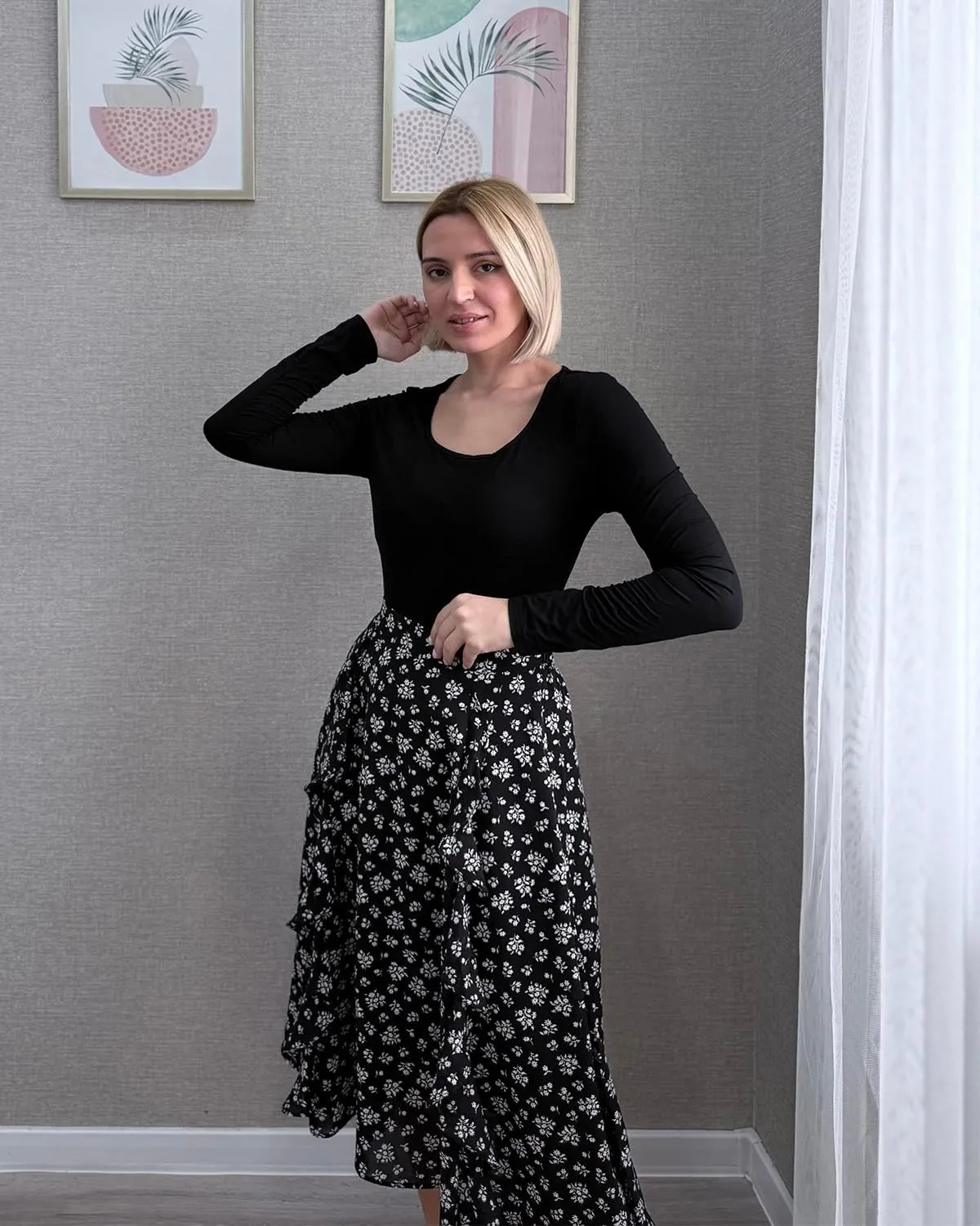 Belle Poque Women's Floral Skirts with Pockets Flowy High Waisted A Line Ruffle Skirt Midi Length for Spring Summer 2025
