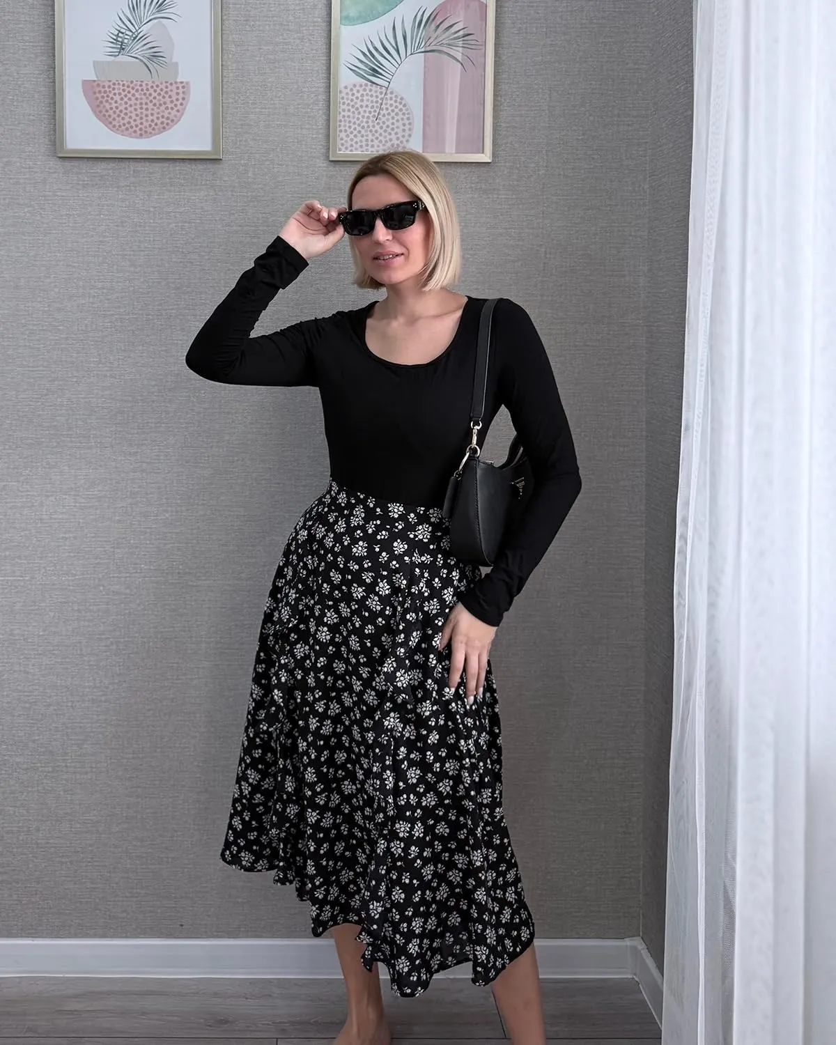 Belle Poque Women's Floral Skirts with Pockets Flowy High Waisted A Line Ruffle Skirt Midi Length for Spring Summer 2025