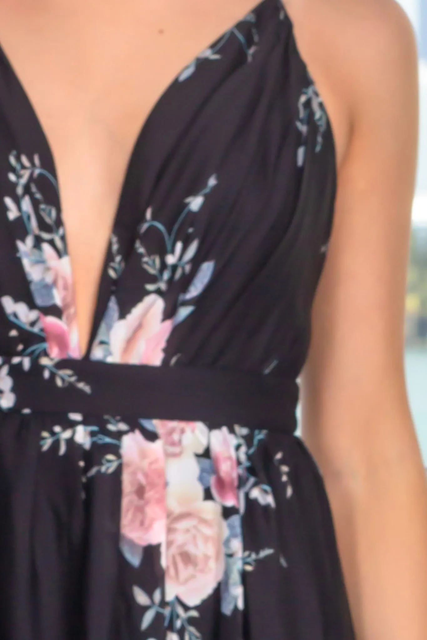 Black Floral Maxi Dress with Pleated Top
