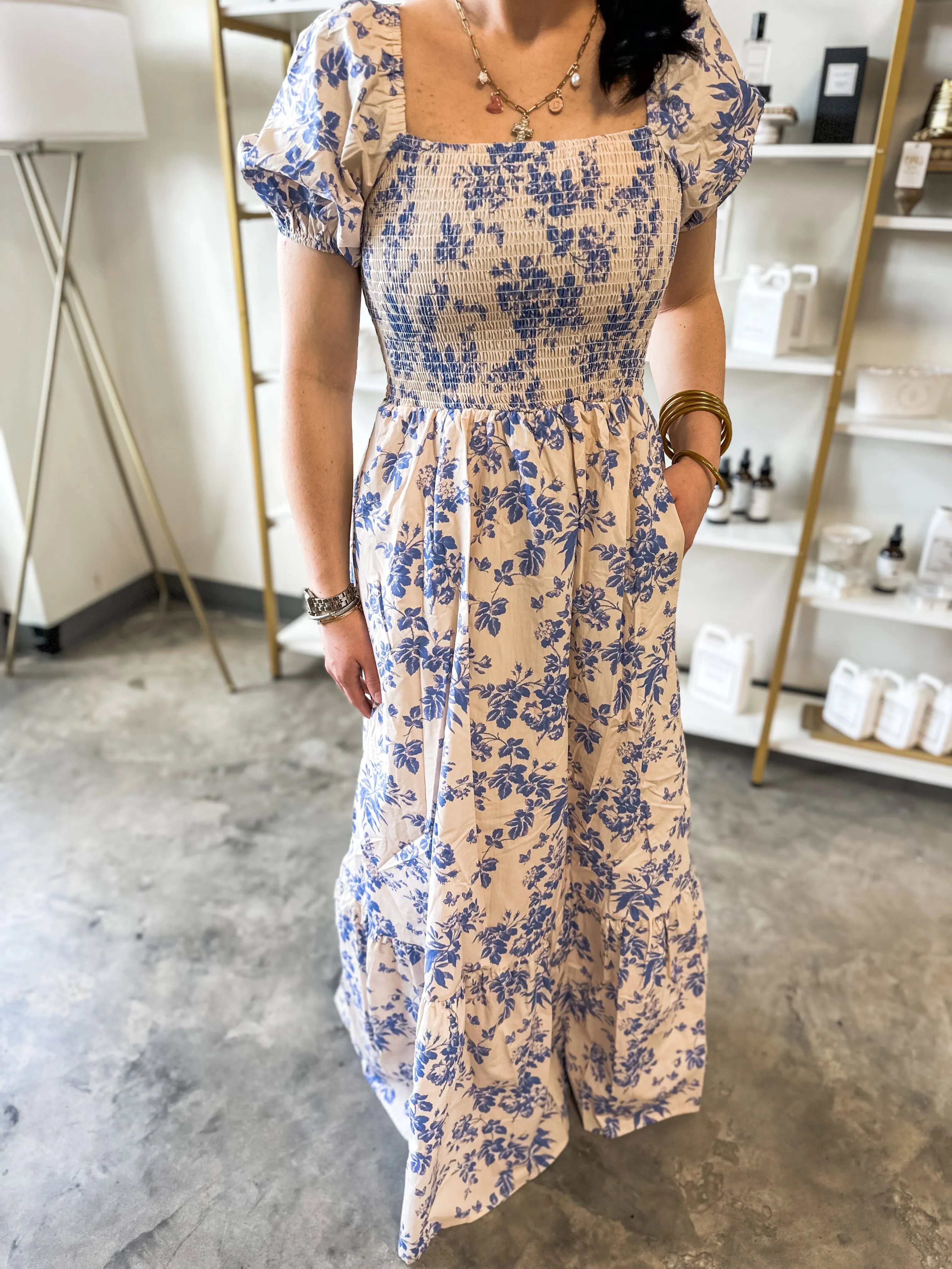 Blue Compliment Me Short Puff Sleeve Woven Floral Print Smocked Maxi Dress