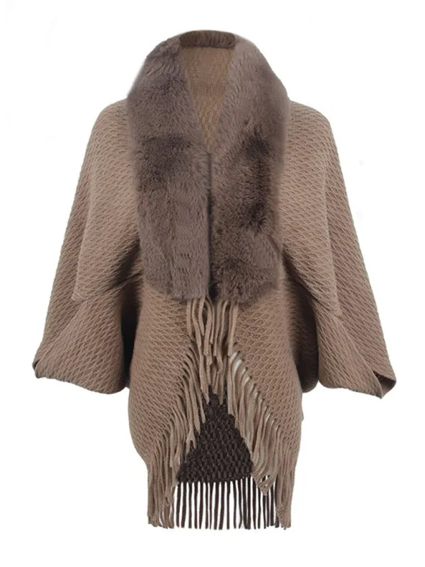 Blue Zone Planet |  fur collar knitted tassel cape cardigan