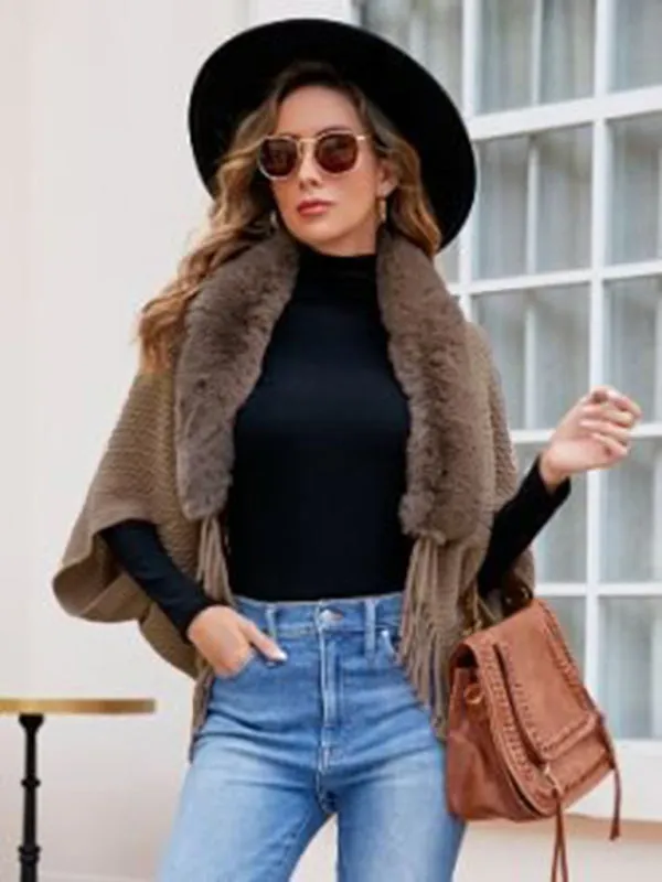 Blue Zone Planet |  fur collar knitted tassel cape cardigan
