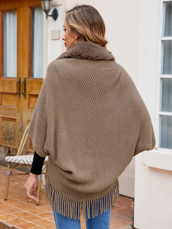 Blue Zone Planet |  fur collar knitted tassel cape cardigan