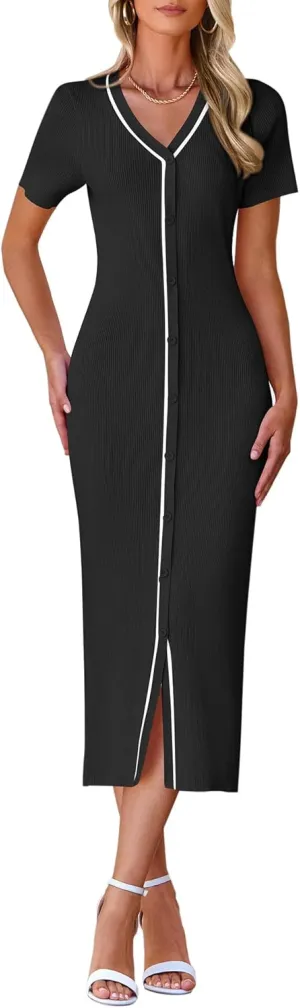 BTFBM Casual Women Spring Dresses 2025 Knit Bodycon Sweater Summer Dress Decorative Button V Neck Long Dress