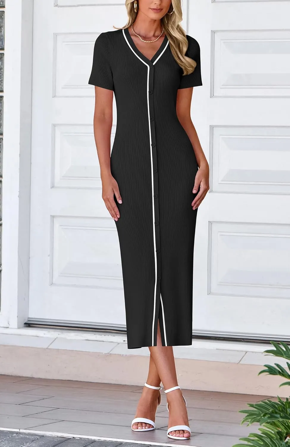 BTFBM Casual Women Spring Dresses 2025 Knit Bodycon Sweater Summer Dress Decorative Button V Neck Long Dress