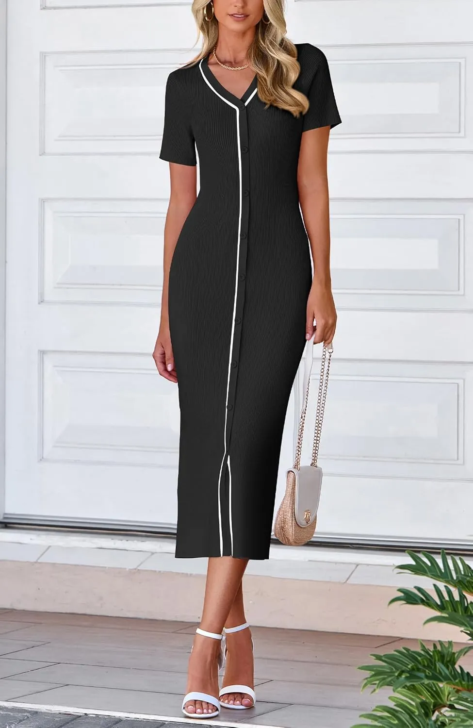 BTFBM Casual Women Spring Dresses 2025 Knit Bodycon Sweater Summer Dress Decorative Button V Neck Long Dress
