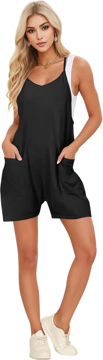 Buauty Women's Casual Rompers Summer Sleeveless Jumpsuits Loose Spaghetti Strap Shorts Overalls Trendy Outfits With Pockets