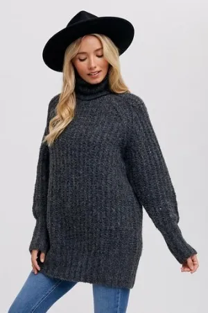 Chunky Turtle Neck Tunic Sweater - Gray