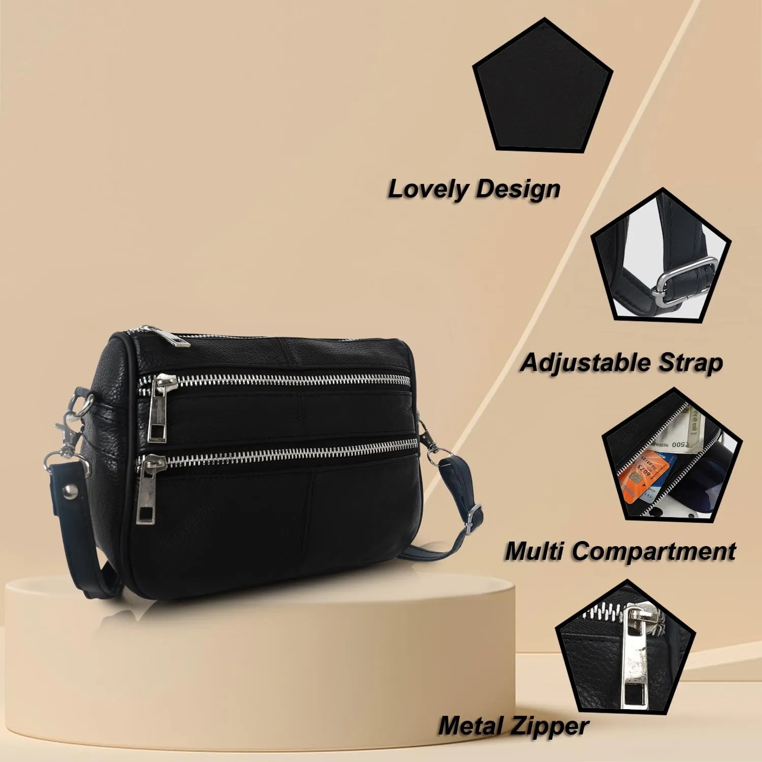 CIMONI® Premium Genuine Leather Hand Bag for Women Stylish & Unique Design Fancy Sling Bag Adjustable Strap Crossbody Women's Purse (Color - Black)