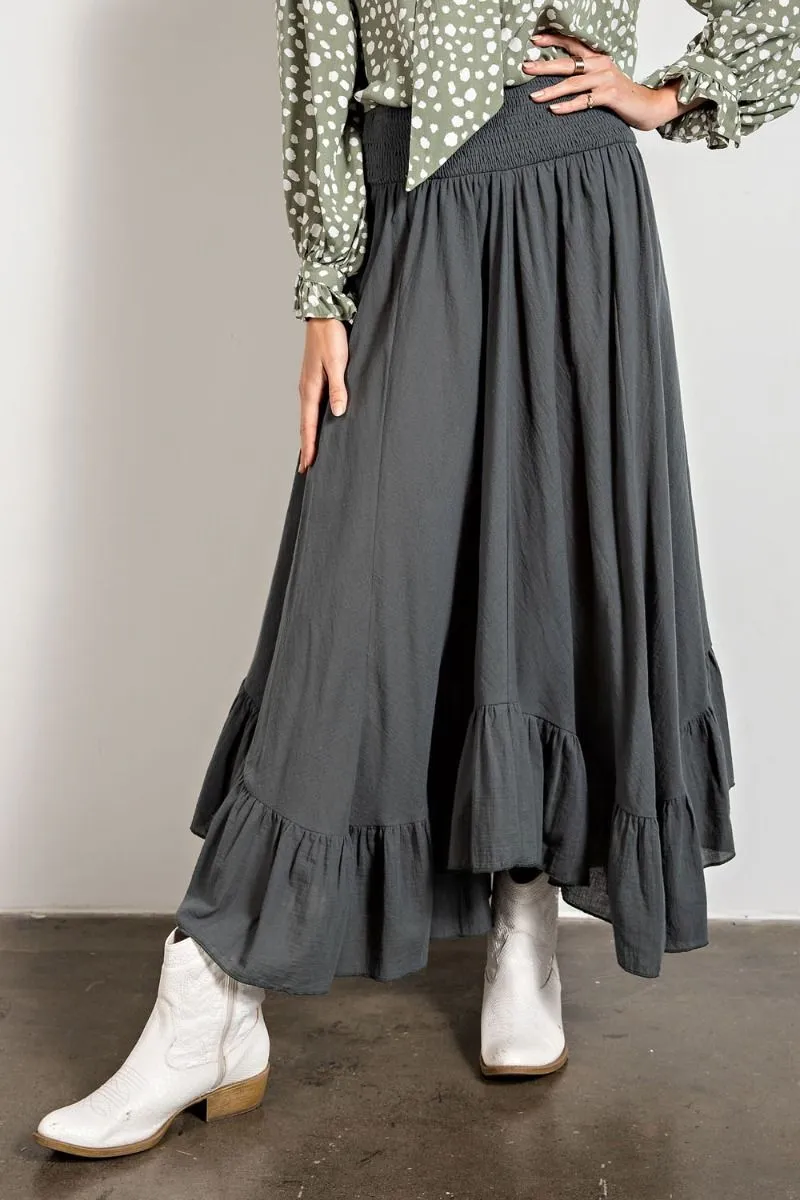 Easel Smocked Waistband Cotton Swing Ruffled Maxi Skirts