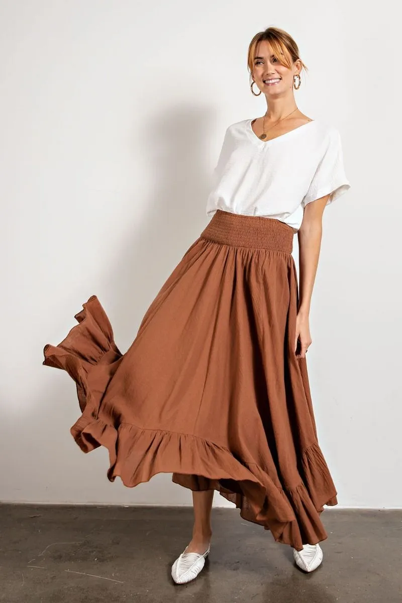 Easel Smocked Waistband Cotton Swing Ruffled Maxi Skirts