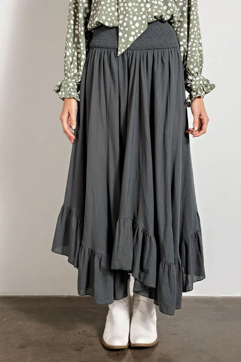Easel Smocked Waistband Cotton Swing Ruffled Maxi Skirts