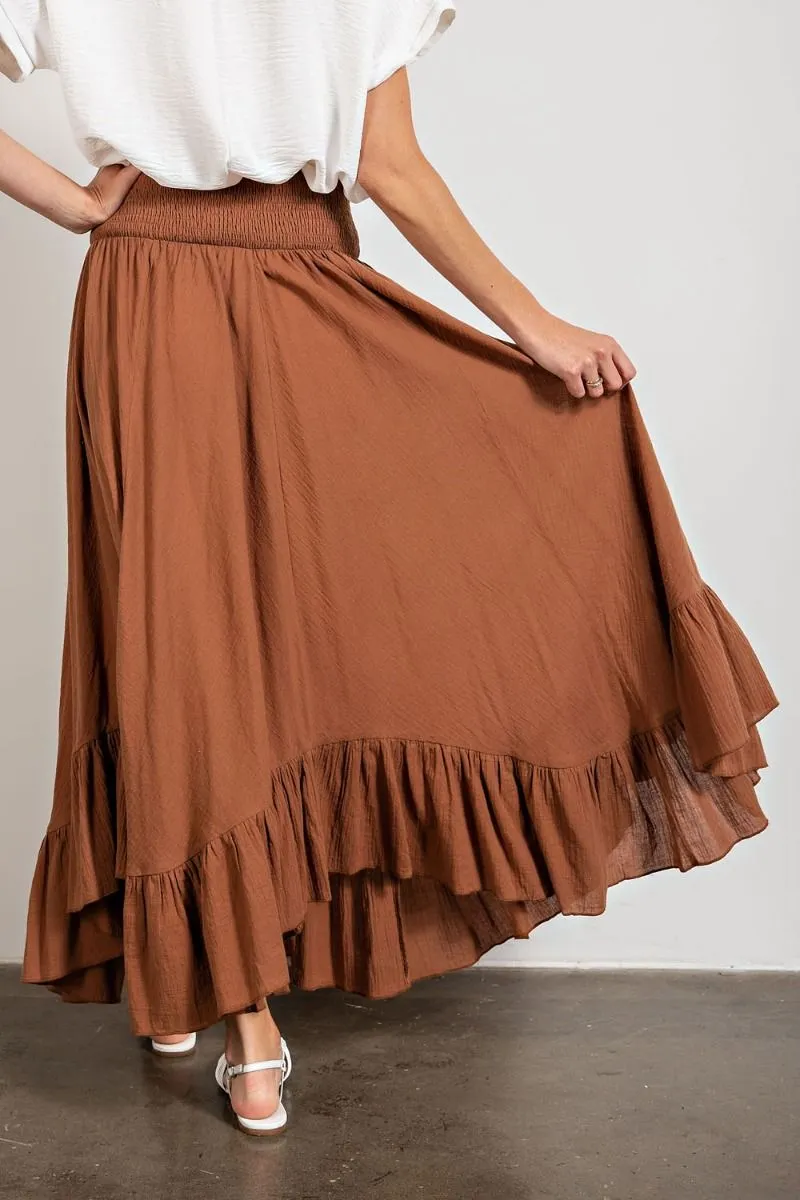 Easel Smocked Waistband Cotton Swing Ruffled Maxi Skirts