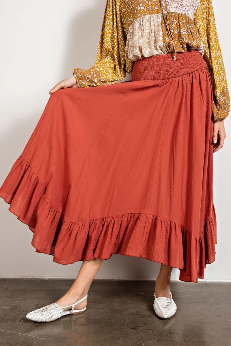 Easel Smocked Waistband Cotton Swing Ruffled Maxi Skirts