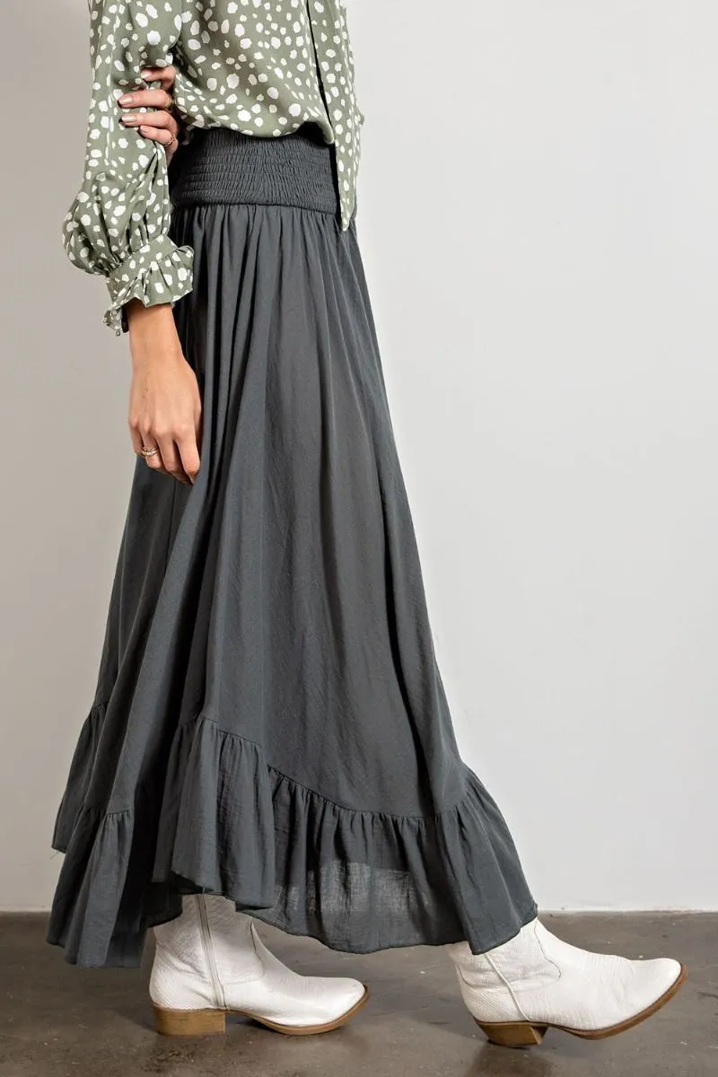 Easel Smocked Waistband Cotton Swing Ruffled Maxi Skirts