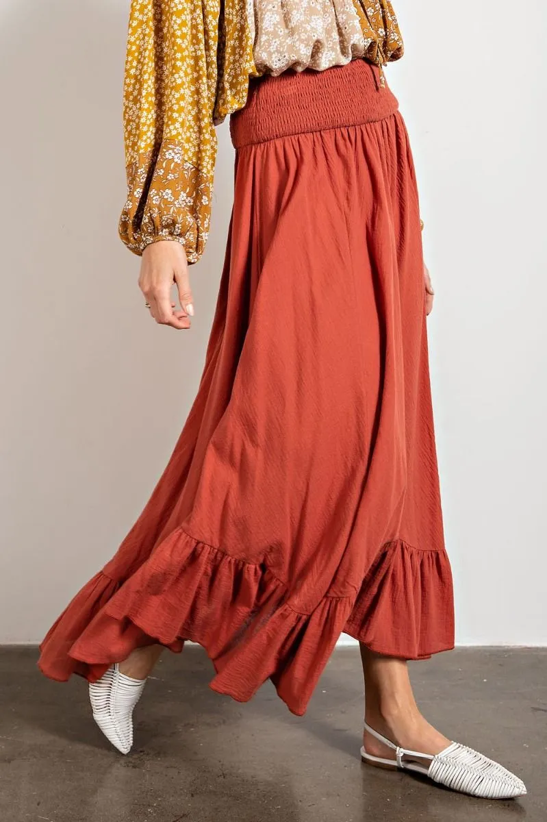 Easel Smocked Waistband Cotton Swing Ruffled Maxi Skirts
