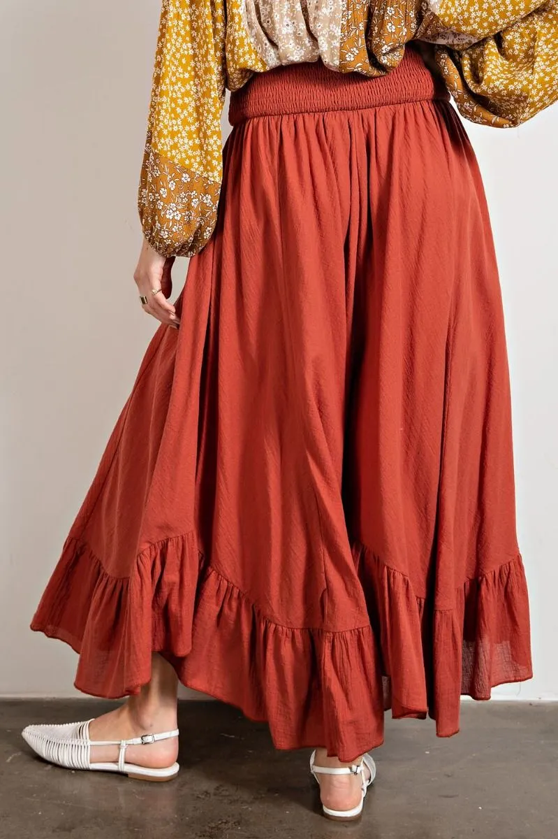 Easel Smocked Waistband Cotton Swing Ruffled Maxi Skirts