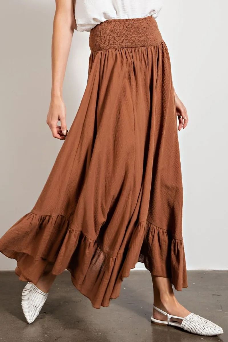 Easel Smocked Waistband Cotton Swing Ruffled Maxi Skirts