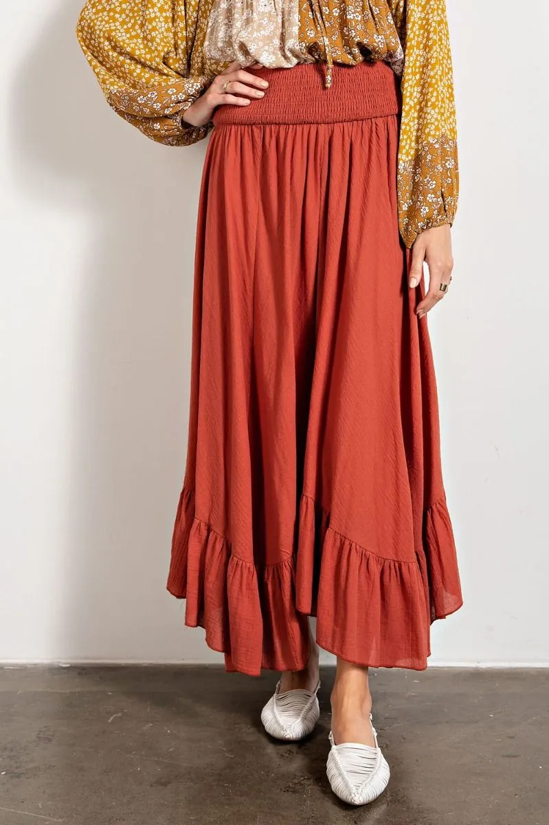 Easel Smocked Waistband Cotton Swing Ruffled Maxi Skirts
