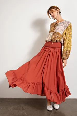 Easel Smocked Waistband Cotton Swing Ruffled Maxi Skirts