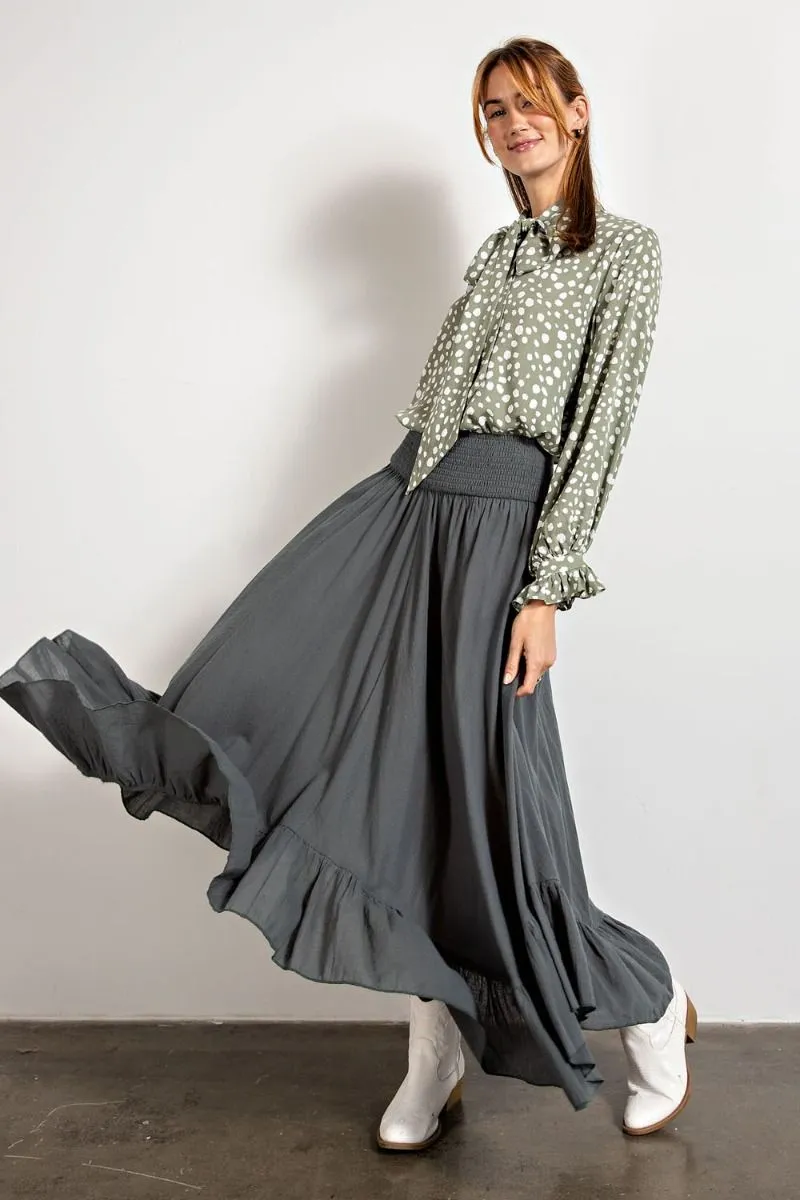 Easel Smocked Waistband Cotton Swing Ruffled Maxi Skirts