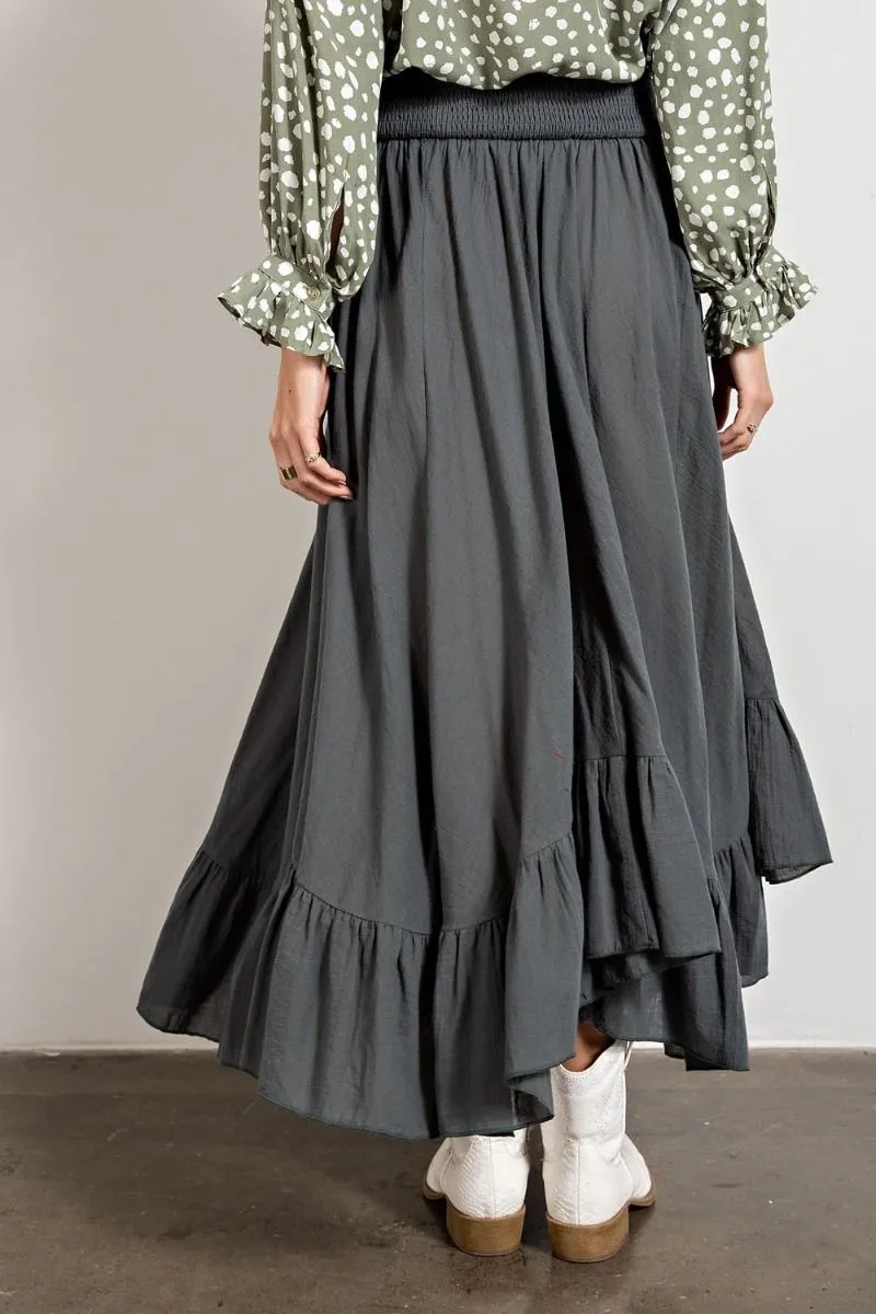 Easel Smocked Waistband Cotton Swing Ruffled Maxi Skirts