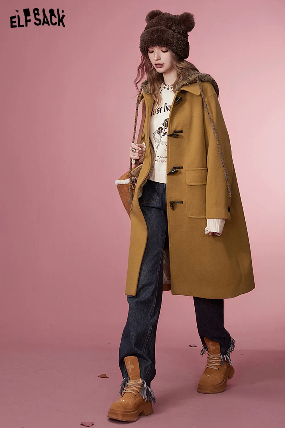ELFSACK Plus Size Hoodied Coats Women 2023 Winter New Korean Fashion Mid-length Outwears