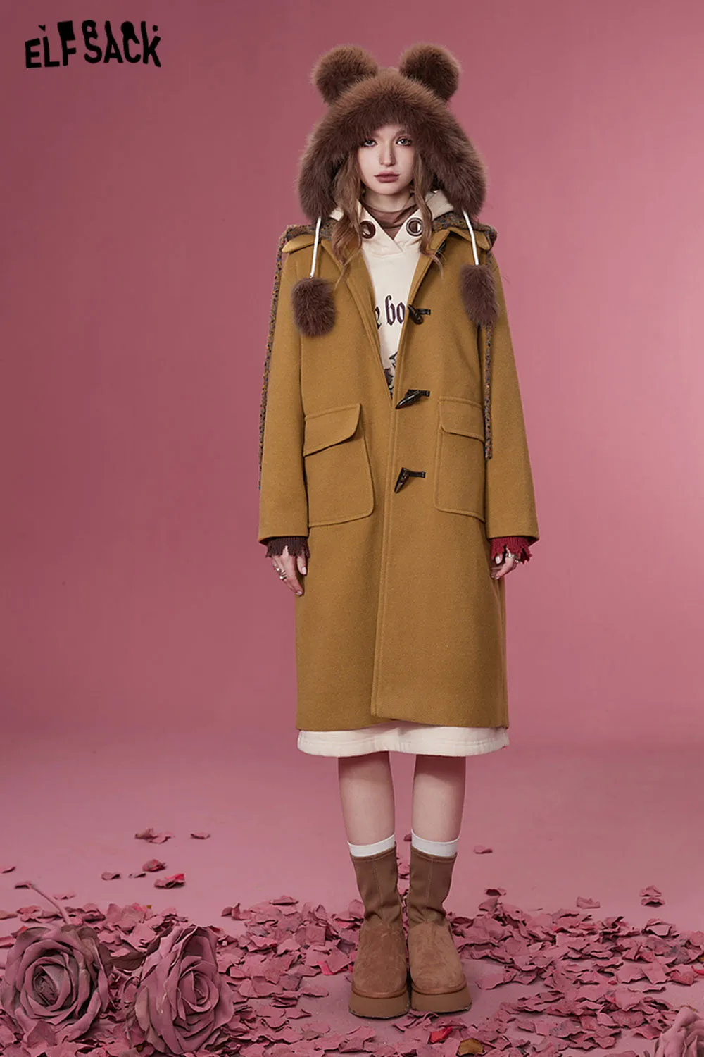 ELFSACK Plus Size Hoodied Coats Women 2023 Winter New Korean Fashion Mid-length Outwears