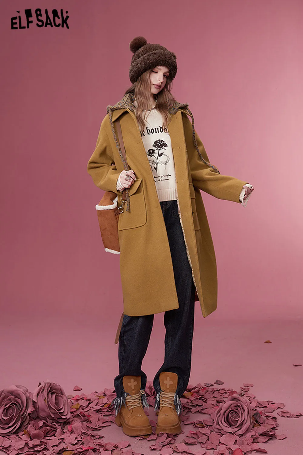 ELFSACK Plus Size Hoodied Coats Women 2023 Winter New Korean Fashion Mid-length Outwears