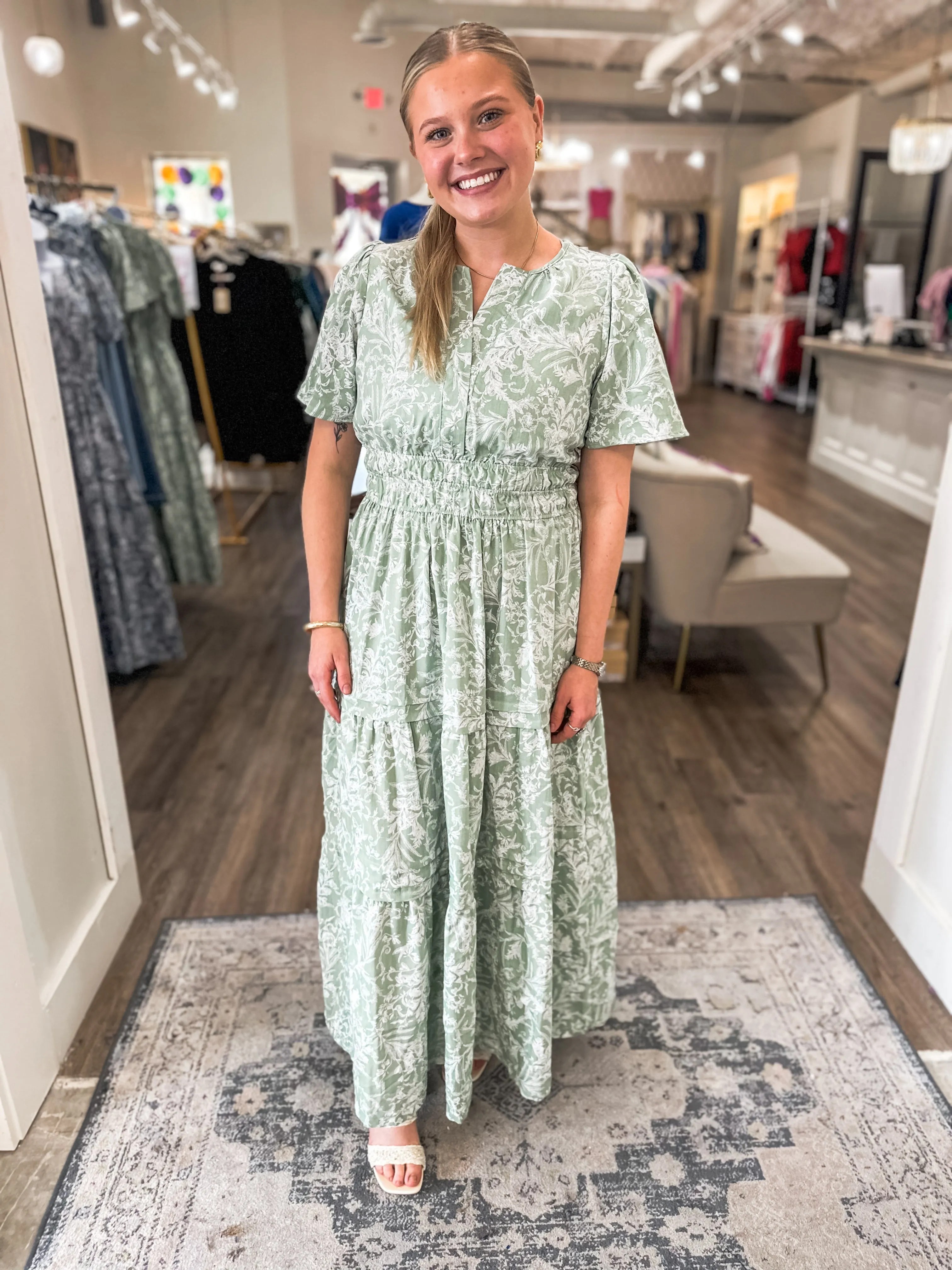 Feilds of Joy Sage Floral Print Tiered Pintuck Maxi Dress