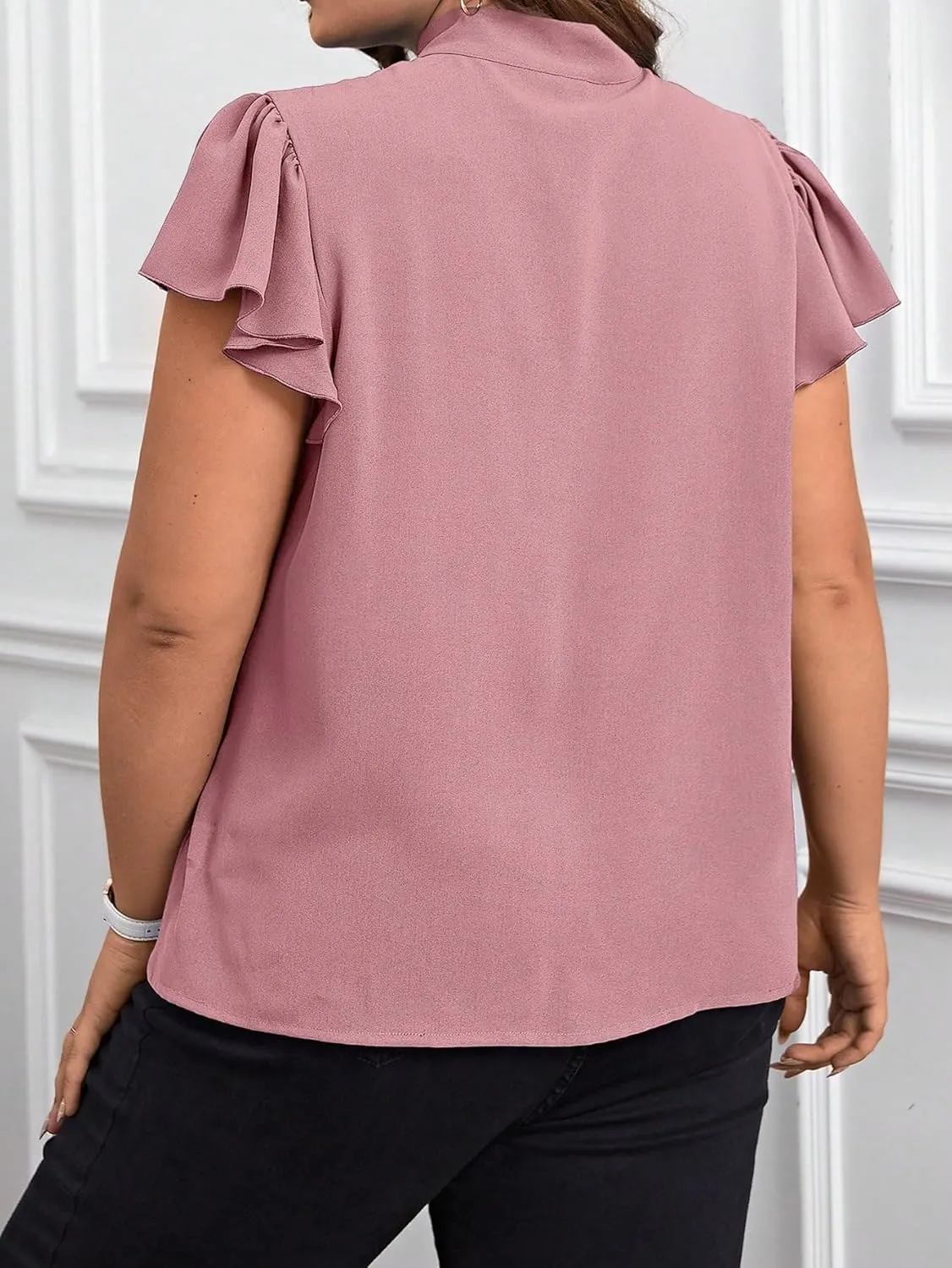 Floerns Women's Plus Size Tie Neck Blouse Ruffle Short Sleeve Elegant Shirt Top