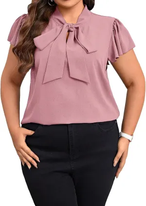 Floerns Women's Plus Size Tie Neck Blouse Ruffle Short Sleeve Elegant Shirt Top