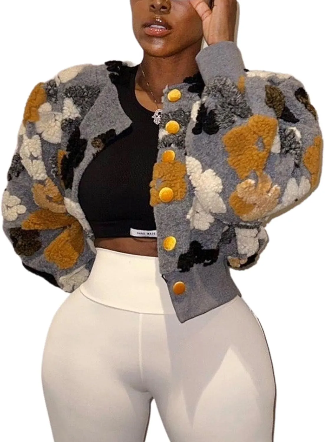 Flygo Women's Cropped Floral Print Bomber Jacket Warm Fleece Varsity Jacket Casual Button Down Puff Sleeve Coat Outerwear