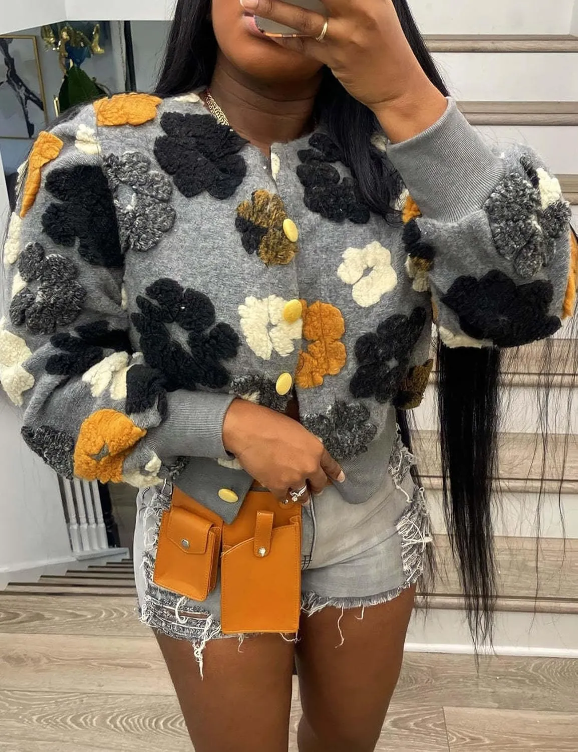 Flygo Women's Cropped Floral Print Bomber Jacket Warm Fleece Varsity Jacket Casual Button Down Puff Sleeve Coat Outerwear