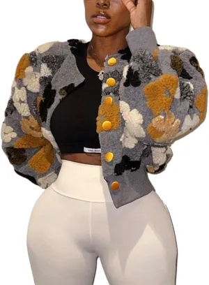 Flygo Women's Cropped Floral Print Bomber Jacket Warm Fleece Varsity Jacket Casual Button Down Puff Sleeve Coat Outerwear