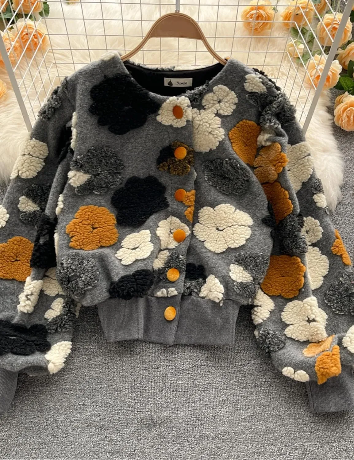 Flygo Women's Cropped Floral Print Bomber Jacket Warm Fleece Varsity Jacket Casual Button Down Puff Sleeve Coat Outerwear