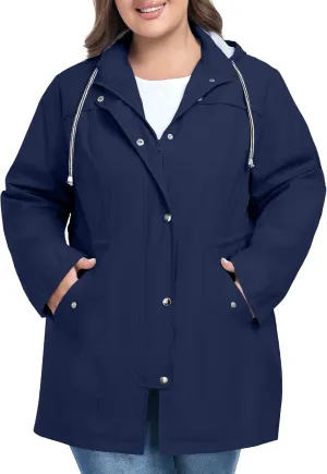 FOREYOND Plus Size Rain Jackets for Women with Hood Long Waterproof Windbreaker Outdoor Travel Trench Coats with Pockets