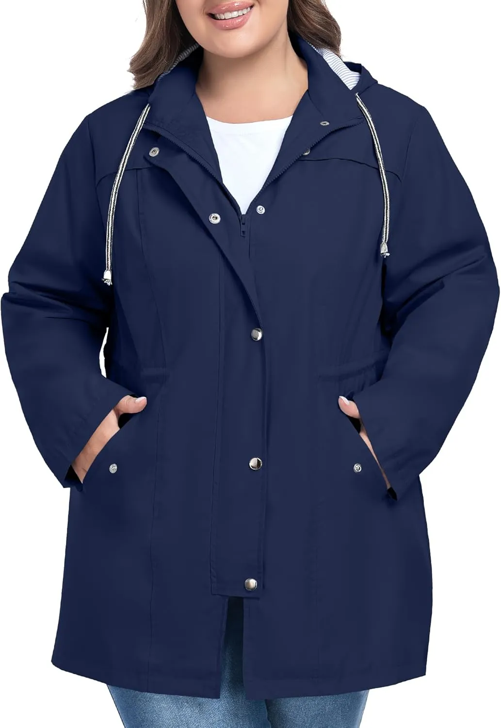 FOREYOND Plus Size Rain Jackets for Women with Hood Long Waterproof Windbreaker Outdoor Travel Trench Coats with Pockets